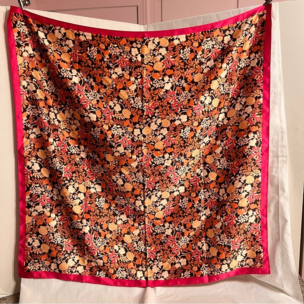 Square Floral Scarf 19x19” Rusty Orange pink white and brown.